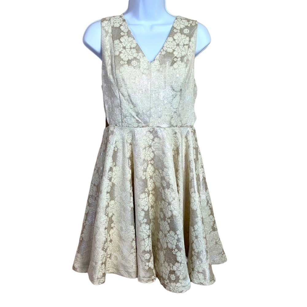 M Ivory Gold Floral Shimmer Linen Blend Dress Sleeveless Event Cocktail Party